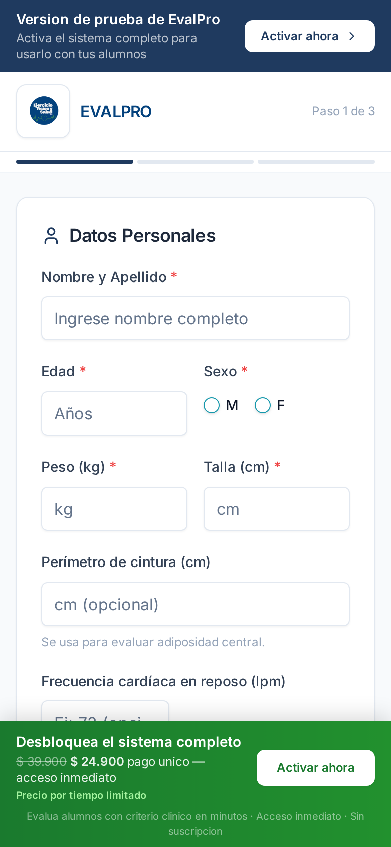 EVALPRO en celular — paso 1 del wizard