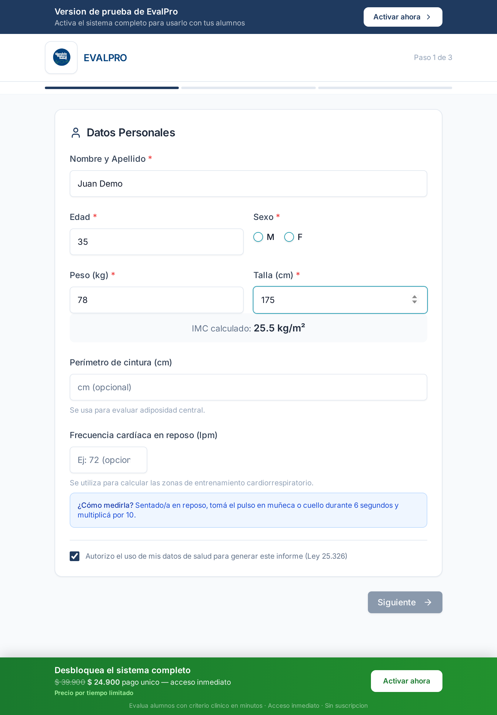 EVALPRO en tablet — wizard con datos cargados
